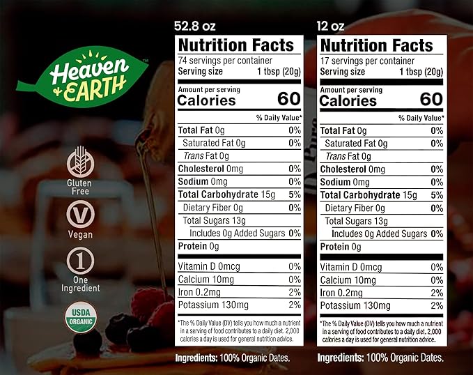 Heaven &amp Earth 100% Organic Date Syrup Silan (12oz bottle + 3.3 lb 52.8oz Refill) | 1 Ingredient | All Natural Honey Alternative | Low Glycemic Index | Great Sugar Replacement | Organic Date Hon