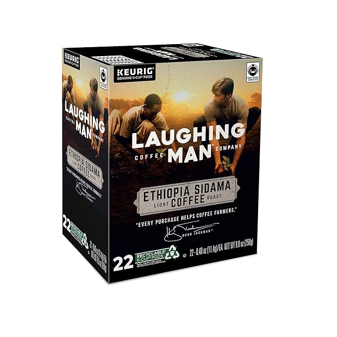 Laughing Man Ethiopia Sidama Keurig Single-Serve K Cup Pods Fair Trade Light Roast Coffee 88Count Ethiopia Sidama 22 Count (Pack of 4)