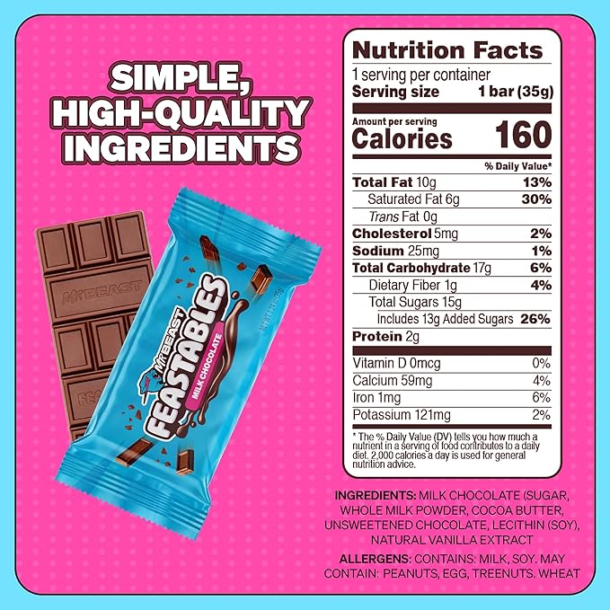MrBeast Feastables Milk Chocolate Bar Full Size 24 Count Smooth &amp Creamy Milk Chocolate Candy Fairtrade Cocoa 1.24oz Each