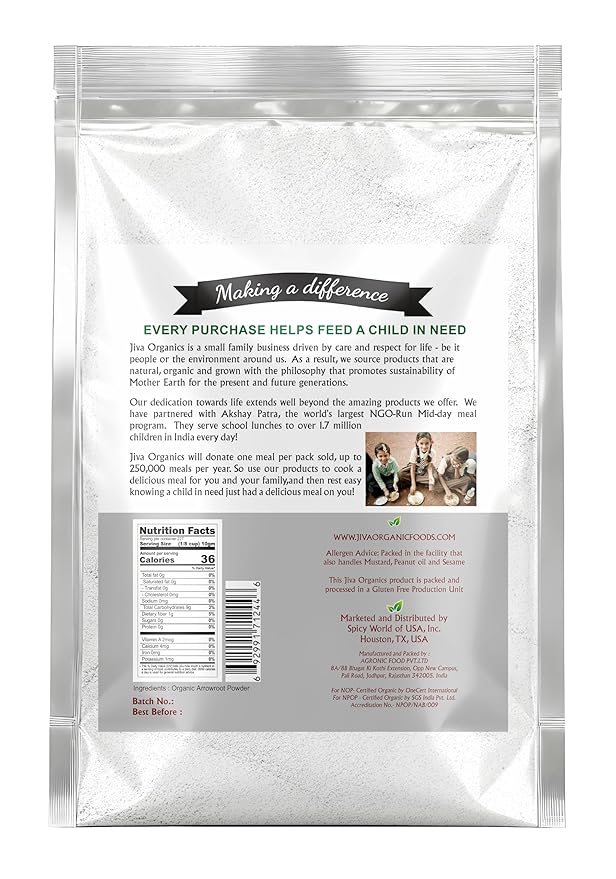 Jiva Organics Organic Arrowroot Flour (Powder) 5 Pound Bag - Raw Non-GMO Gluten Free