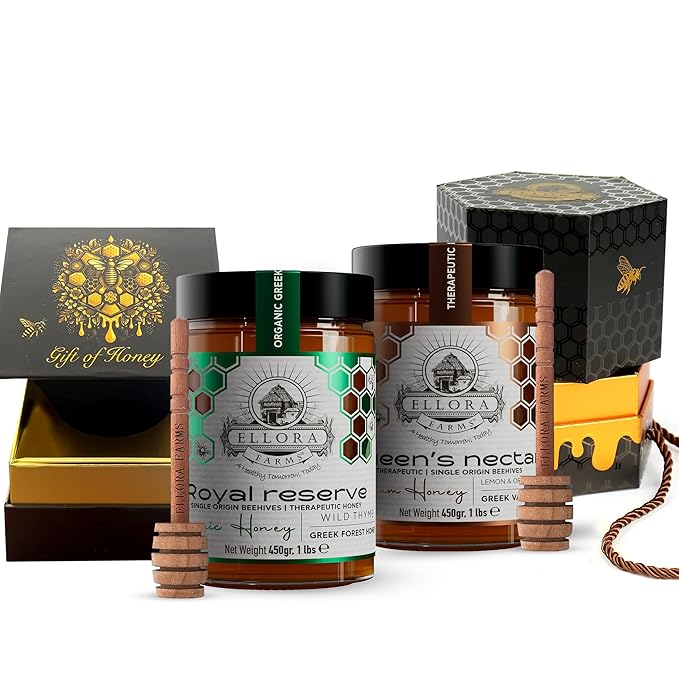 Ellora Farms Greek Honey Bundle – Wild Thyme Raw &amp Lemon-Orange Blossom Award-Winning Organic Unfiltered Gift Set (2x450g)