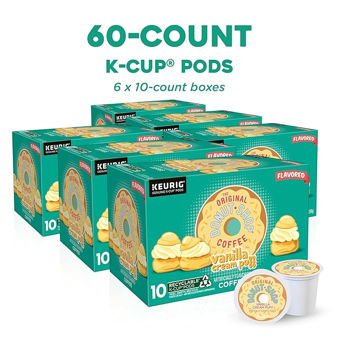 The Original Donut Shop Vanilla Cream Puff Coffee Keurig Single Serve K-Cup Pods Medium Roast Coffee 60 Count (6 Packs of 10)