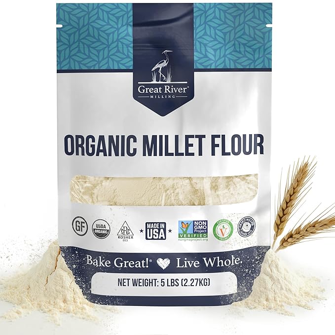 Great River Milling Organic Millet Flour | USDA Organic Naturally Gluten Free Non-GMO Vegan Kosher | Mild Nutty Flavor for Baking Flatbreads Pancakes &amp Porridge | 5 Lb.