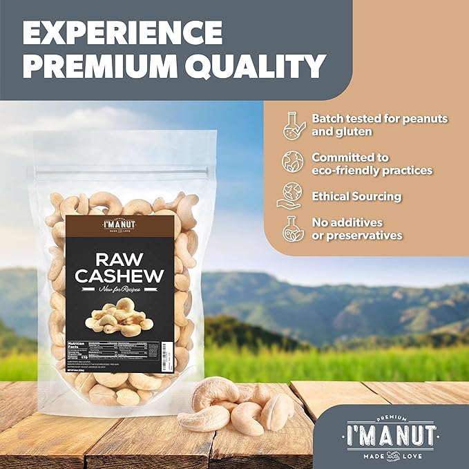 Premium Raw Cashews 32oz (2 lbs.) Non-GMO No Additives Batch Tested Gluten &amp Peanut Free Resealable Pouch for Freshness Unsalted Cashews - Perfect for Pesto Salads Gourmet Cooking and Baking