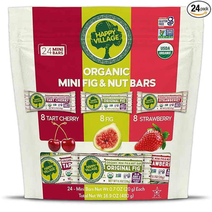 Happy Village Organic Mini Fig &amp Nut Bars VARIETY (24 Packs 0.7 OZ each) No Refined Sugar Kosher Non-GMO Gluten Free Vegan Good Source of Fiber Snack Bars (8 Tart Cherry 8 Fig 8 Strawber