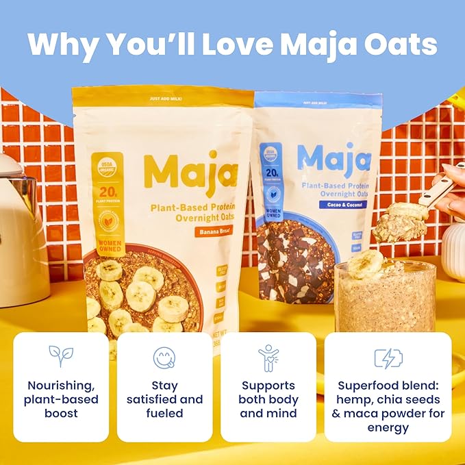 Maja Cacao &amp Coconut Overnight Protein Oats 2.4 oz Single-Serve (6 Pouches) | High Protein Overnight Oats Gluten Free Plant-Based | Rich Cacao with Coconut | Just Add Milk or Plant Milk