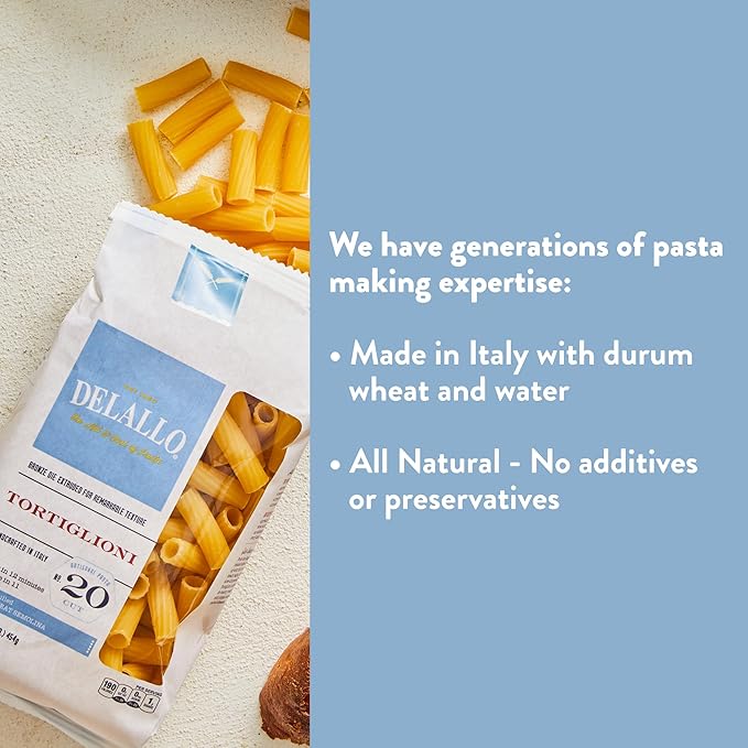 DeLallo Tortiglioni Pasta 1 Pound Bag 4 Pack Tube Shape Made with Durum Wheat Semolina Flour Imported from Italy Cooks in 9 Minutes Non-GMO