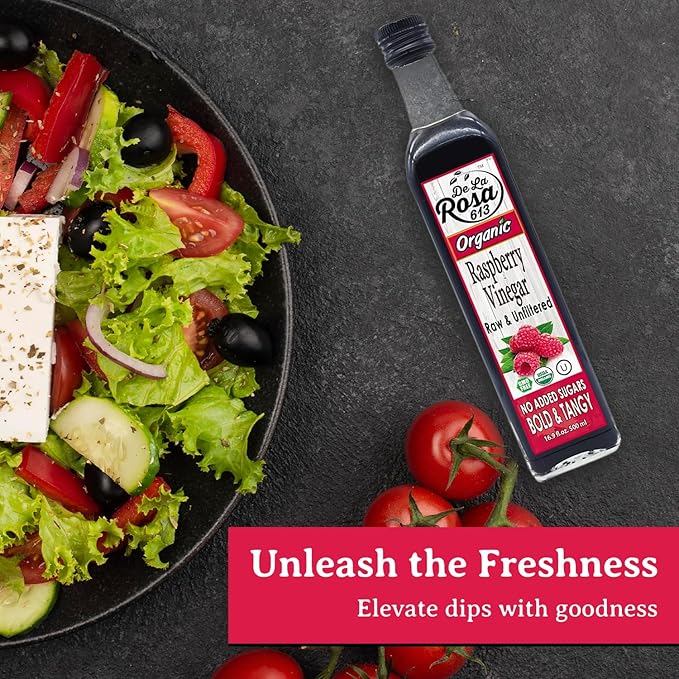 De La Rosa Raspberry Vinegar Organic Raw &amp Unfiltered Pure Vinegar Vegan Gluten Free &amp Kosher Raspberry Vinaigrette Salad Dressing &amp Marinade 16.9 Oz (Pack of 2)