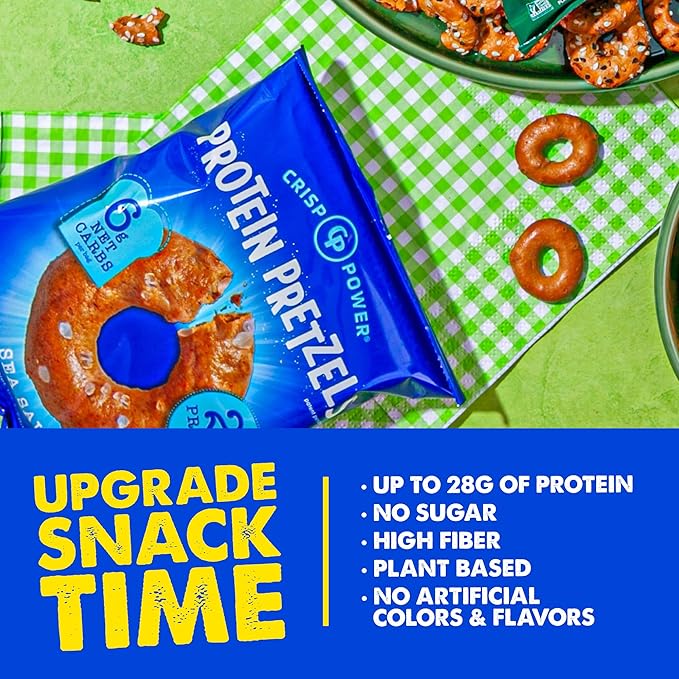 CRISP POWER Protein Pretzels Variety Pack With Sea Salt Sesame &amp Everything Up To 28G Protein High Protein Snack High Fiber Low Carb Crunchy Pretzel Snacks No Added Sugar 1.75 oz Bags 24