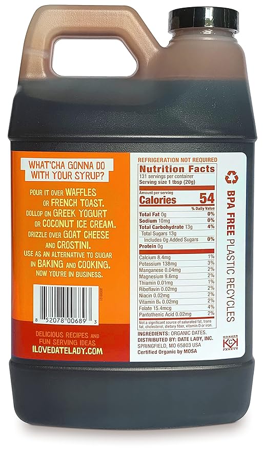 Date Lady Bulk Organic Date Syrup 5.8 lb - 100% Dates. Vegan Paleo Gluten-free &amp Kosher - Also Known As Silan Date Honey &amp Date Nectar. No Preservatives Or Added Ingredients Just Date Syru