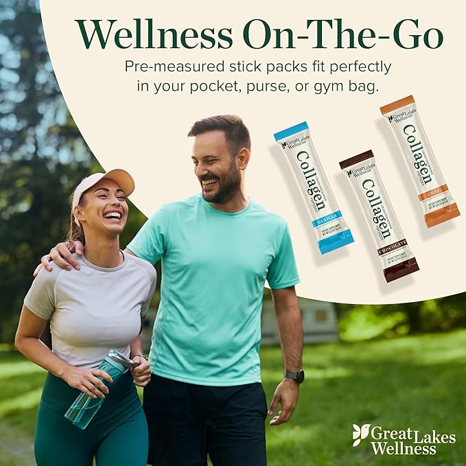 Great Lakes Wellness Collagen Peptides Powder for Skin Hair Nails Joints &amp Digestion - Variety Flavors - Quick Dissolve Hydrolyzed Non-GMO Kosher - 12 Sticks