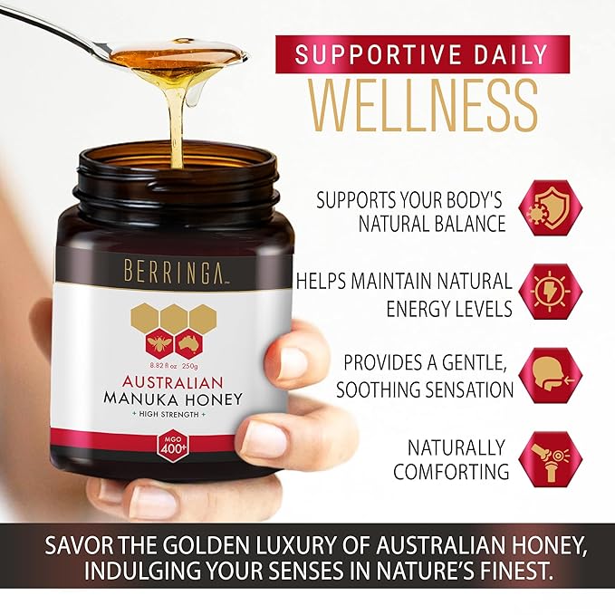Berringa Manuka Honey Organic MGO 400+ High Strength Supports General Wellbeing &amp Digestive Balance - 100% Raw Pure &amp Unfiltered Sustainably Sourced from Australia - (8.82 oz)
