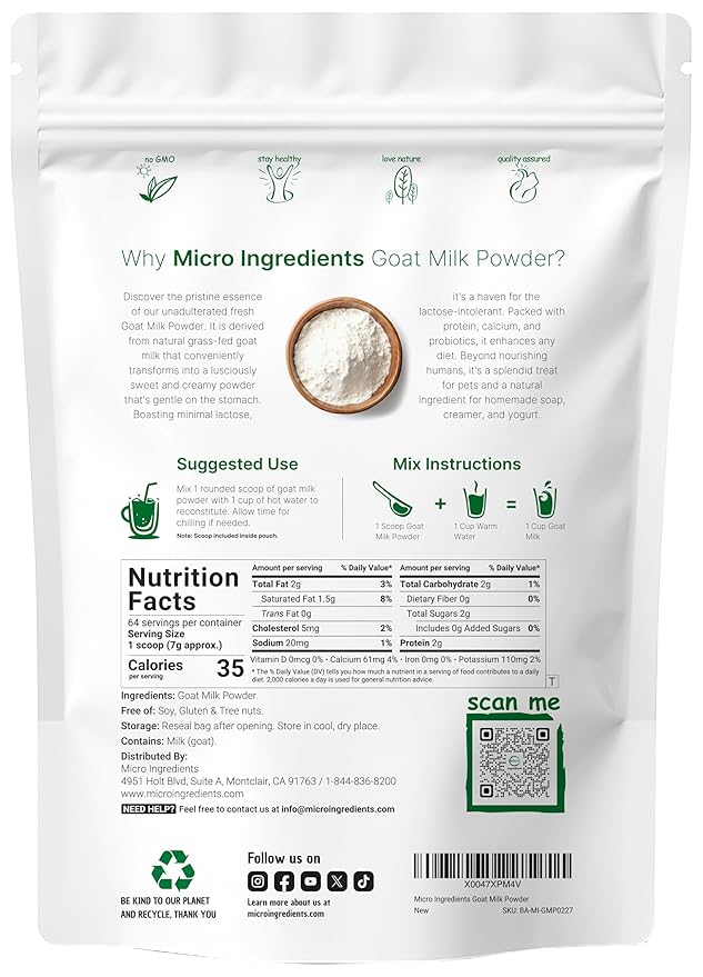 Micro Ingredients Goat Milk Powder 1 Lb | Grass-Fed Australian Source | Pure Easily Digested Formula | High in Protein Calcium &amp Probiotics | Non-GMO Gluten-Free Pet Friendly