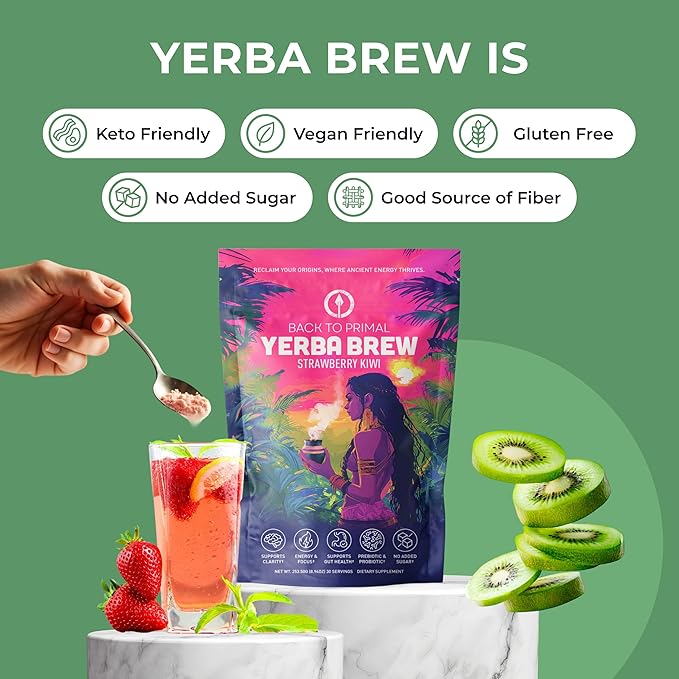 Yerba Mate Instant Tea Powder – Zero Sugar Drink with Nootropics Prebiotics &amp Probiotics for Clean Energy &amp Focus – Coffee Alternative for Mental Clarity &amp Gut Health Support - Strawberry