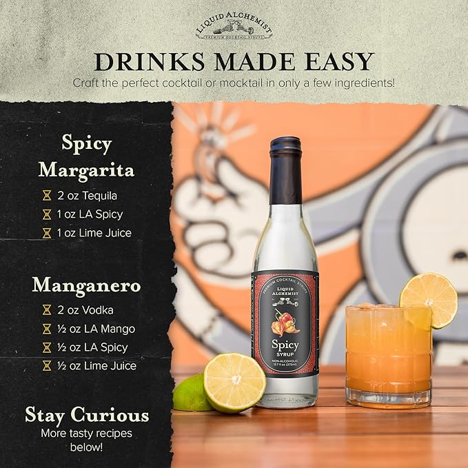 Liquid Alchemist Spicy Habanero Infused Simple Syrup for Cocktails – Real Ingredients Make our Habanero Syrup a Great Spicy Margarita Mix &amp Paloma Picante - Vegan Non-GMO Sweet Heat Drink Mix (12