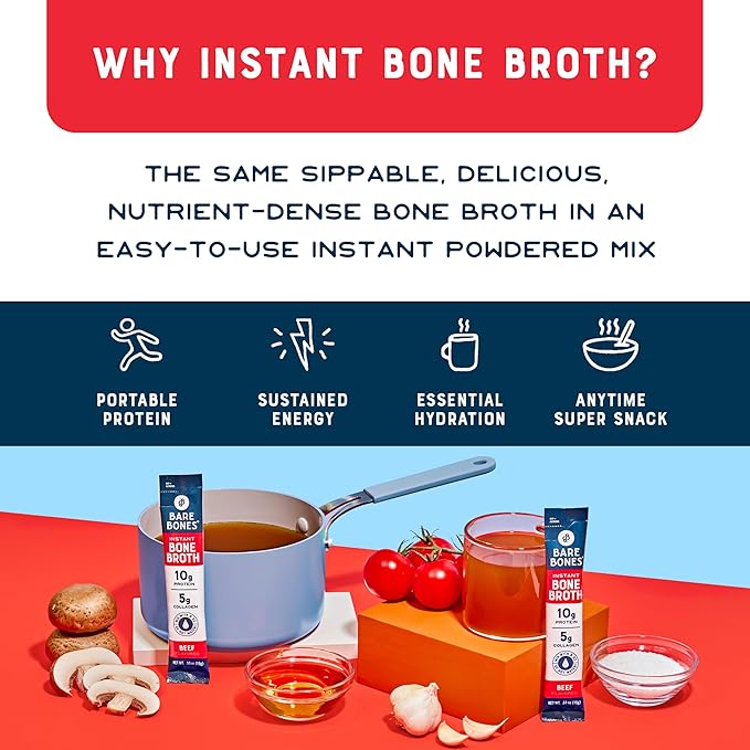Bare Bones Beef Bone Broth Instant Powdered Mix Packets | 5g Collagen | 10g Protein | Keto &amp Paleo Friendly | No Artificial Flavors | Rich Savory on-the-go 16 Pack