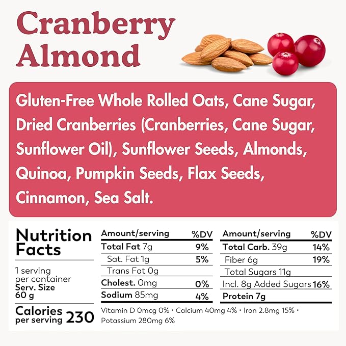 Earnest Eats Superfood Oatmeal Cups - Cranberry Almond Flax – 7g Plant Protein Gluten Free Vegan On-the-Go Breakfast 2.1 Ounces Each (12 Pack)