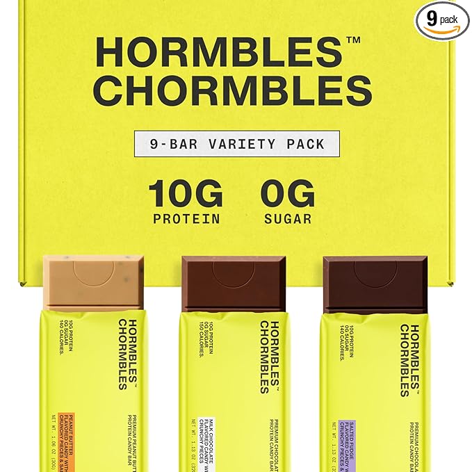 Hormbles Chormbles Protein Candy Bars Variety Pack 10g Protein 0g Sugar Milk Chocolate Peanut Butter Salted Fudge Candy With Crunchy Pieces Sugar Free Snacks or Dessert 9 Pack