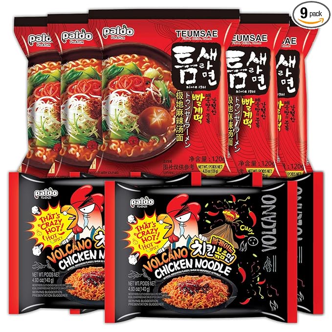 Paldo Fun &amp Yum Extremely Hot Spicy Noodles Set 4 Pack of Volcano Chicken &amp 5 Pack of Teumsae Ramen with 10 Disposable Chopsticks Spicy Noodles Challenge Most Loved Korean Ramyun 볼케이노 치킨볶음면