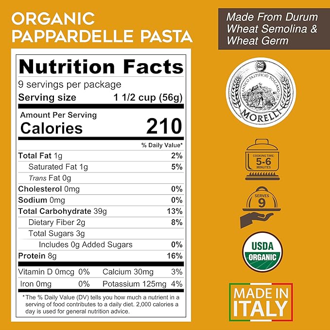 Morelli Organic Pappardelle Pasta Noodles - Imported Pasta from Italy Wide Pappardelle Noodles Gourmet Italian Durum Wheat Semolina With Wheat Germ - 17.6 oz (500 g) - Pack of 12