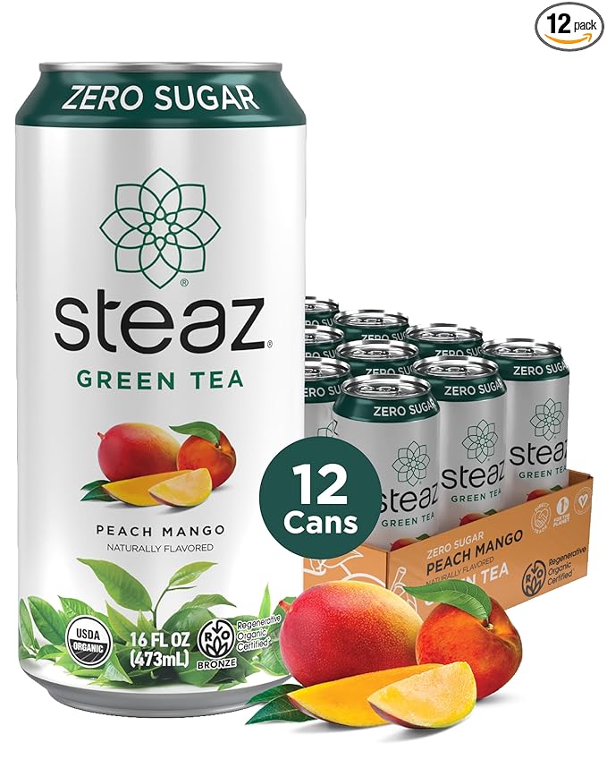 Steaz - Organic Green Tea - Zero Calorie Peach Mango (12 Pack) - Antioxidant Brew - 65mg Natural Caffeine Vitamin C - Stevia Sweetened Iced Tea - Vegan Fair Trade - 12 Cans 16 fl oz (473mL)