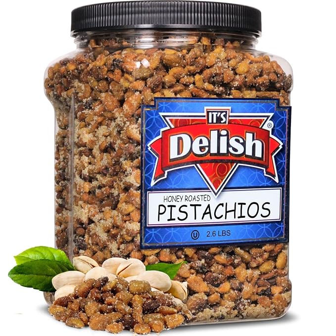 Honey Roasted Pistachio (Shelled No Shell) by It's Delish 2.6 LBS Reusable Jumbo Container | Gourmet Pistachio (Shelled No Shell) Nuts in Honey Sugar Coating Sweet &amp Heart Healthy Salted Nut