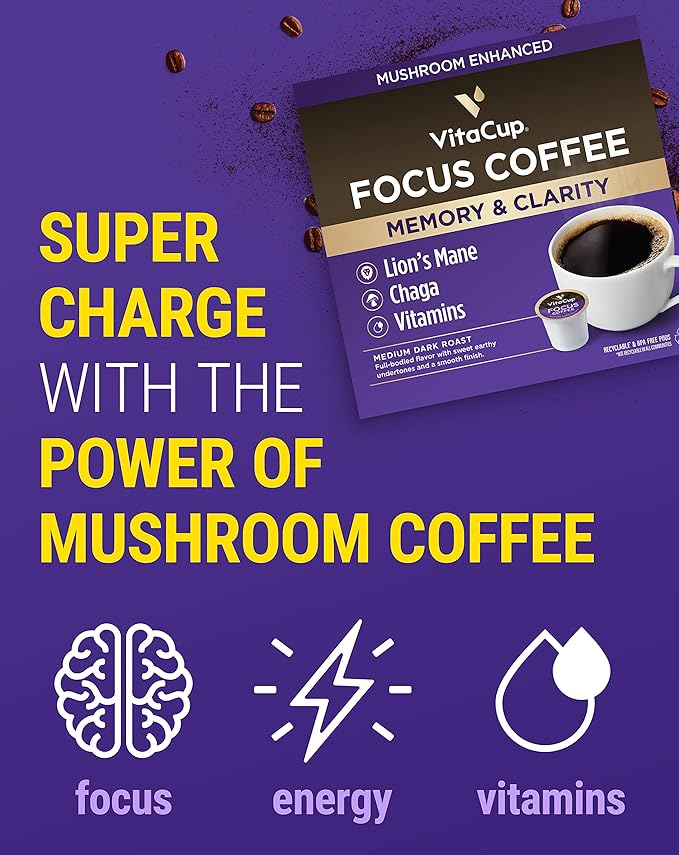 VitaCup Coffee Pods 40ct 4 Unique Wellness Blends with MCT Oil Garcinia Cambogia Lion’s Mane Chaga &amp Low-Acid Organic Dark Roast – Full-Bodied Arabica Coffee Pods for Energy Focus Immunity &
