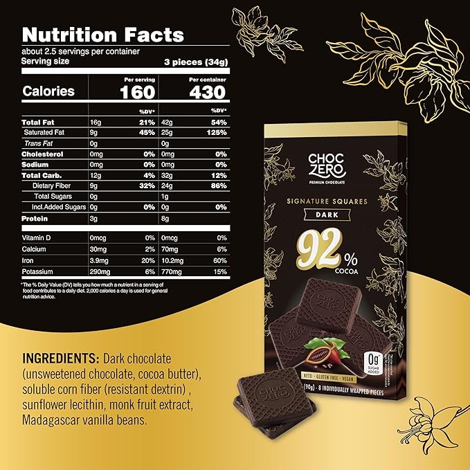 ChocZero 92% Cocoa Ultimate Dark Chocolate Squares – Sugar Free Vegan Keto Friendly &amp High Fiber No Sugar Alcohols – 4 Count (3.2 oz Boxes)