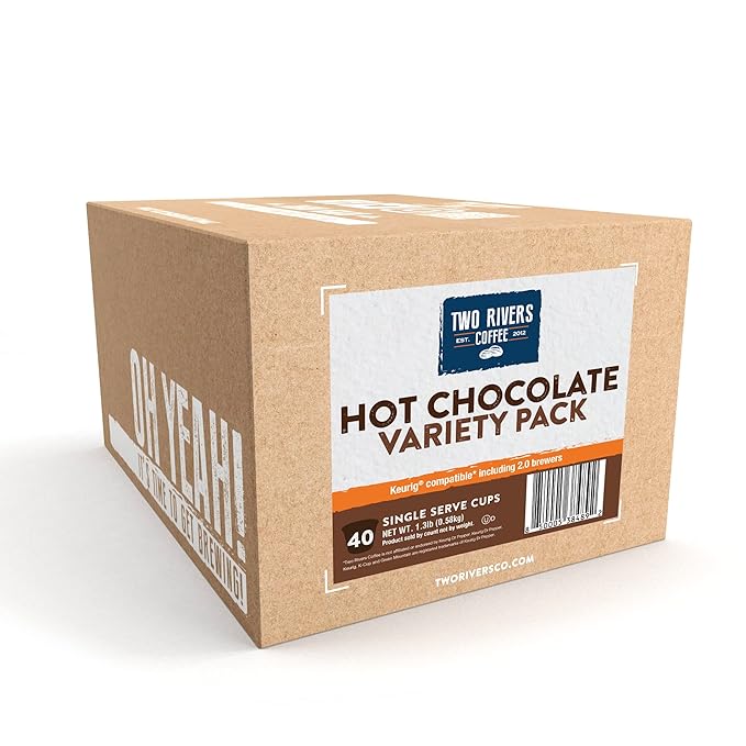 Two Rivers Coffee Hot Chocolate Pods Single Serve Cocoa Variety Sampler Pack Compatible with 2.0 Keurig K-Cup Brewers 40 Count