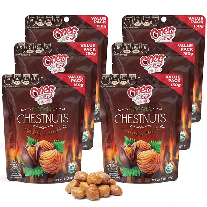 Oneg Roasted Chestnuts Peeled and Ready to Eat 6 Pack of Organic Roasted Chestnuts 5.3oz Each Vacuum Packed Perfect for Snacking or Holiday Treats Ideal Peeled for Sharing