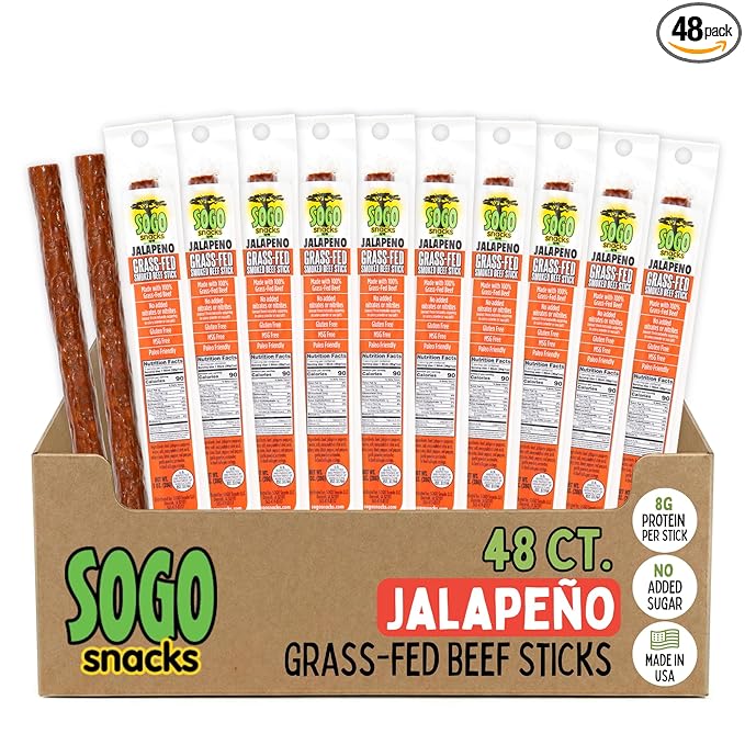 Jalapeno 100% Grass Fed Beef Sticks Sogo Snacks Low Carb and Gluten-Free Snack Hiking and Road Trip Snacks Snack Pack of 48 Level 3.5 of 5 Spicy Jerky Sticks