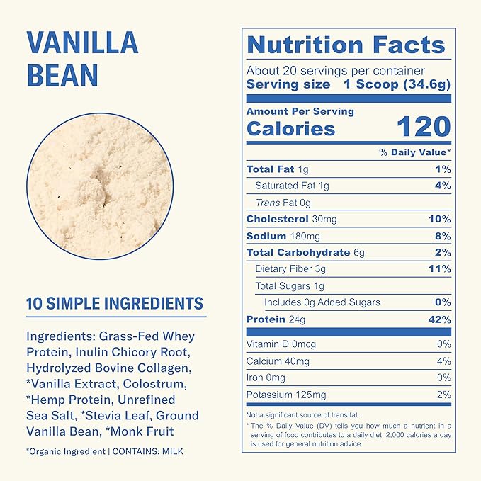 Ballerina Farm Grass Fed Whey Protein Powder Vanilla Bean 24g Protein with Collagen Peptides Bovine Colostrum Hemp Hearts &amp Prebiotic Fiber No Added Sugar or Artificial Ingredients 20 Servin