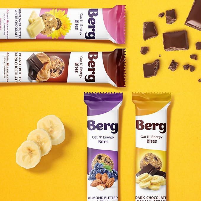 Berg Oat N' Energy Bites - Dark Chocolate Banana Bread - Non-GMO Gluten Free Dairy Free Soy Free and Vegan - Clean Energy Snack - 1.5oz (8 Pack)
