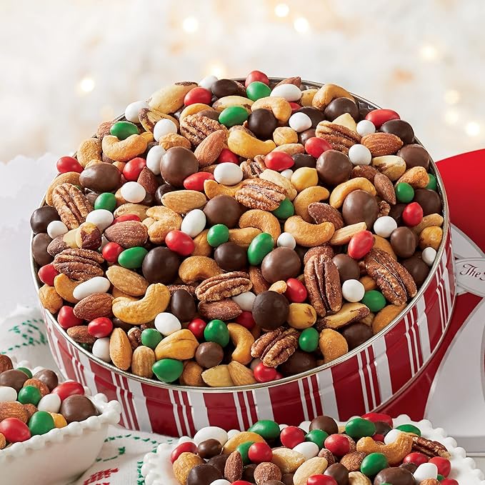 The Swiss Colony Ultimate Snack Mix – Sweet and Salty Bridge Mix with Candy Coated Peanuts and Crunchy Mixed Nuts Gourmet Trail Mix Gift Basket Tin 1 lb. 11 oz.