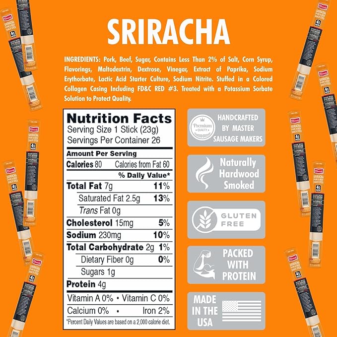 Jerky.com Sriracha Pork and Beef Snack Sticks 26 Pack (24 + 2 Bonus) | Low Carb High Protein Keto Snacks | Delicious Gluten Free Beef Sticks | Gifts for Men