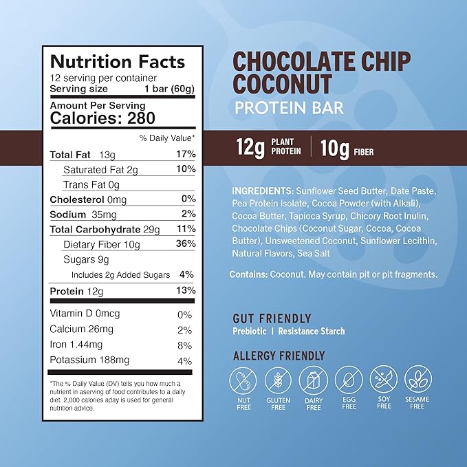 Amrita Nut Free Chocolate Chip Coconut Vegan Protein Bars (12 Count) | 12g Plant-Based Protein Bar | Peanut Free Gluten Free and Dairy Free | Low Sugar High Fiber Healthy School-Safe Snacks