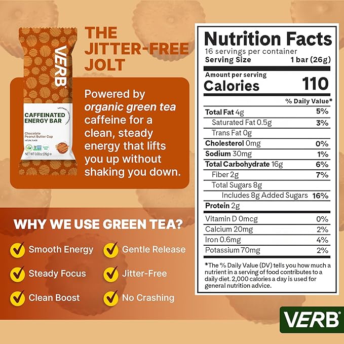 Verb Caffeinated Energy Bars Chocolate Peanut Butter Cup (26g Pack of 16) 110-Calorie Delicious Energy Bar Gluten Free On-the Go Snack with 80mg Green Tea Caffeine Only Real-Food Ingredients