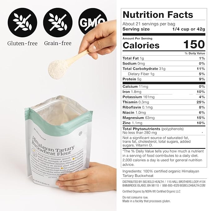 BIG BOLD HEALTH Organic Himalayan Tartary Buckwheat Flour - Gluten Free | Rich in Polyphenols &amp Antioxidants | 100% USDA Organic Grain-Free Flour | Non-GMO | USA Grown (2lb)