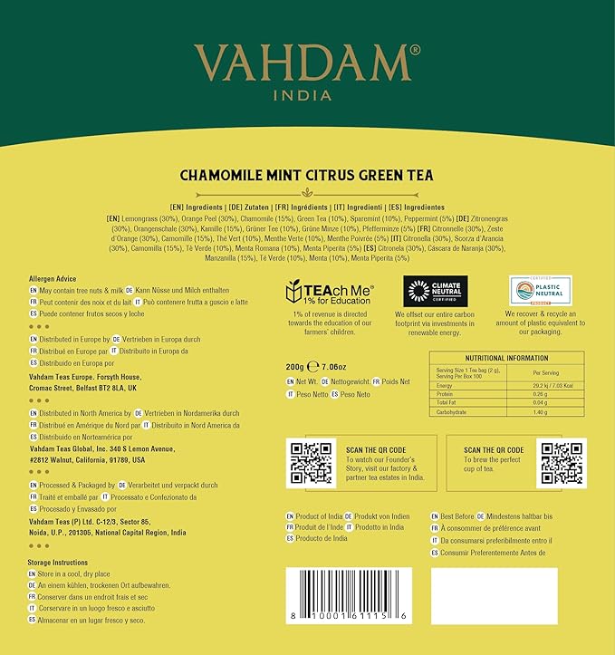 VAHDAM Chamomile Mint Citrus Green Tea Bags (100 Count) Low Caffeine Non GMO Gluten Free | Sweet &amp Floral | Resealable Ziplock Pouch | Chamomile Tea Bags