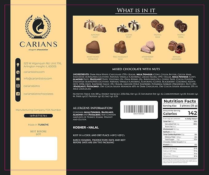 CARIANS Chocolatier Assorted Gourmet Chocolate Gift Box Dark Milk White Chocolates Truffles Treats for Thank you Great for Gift Giving and Anniversary 17 Pc