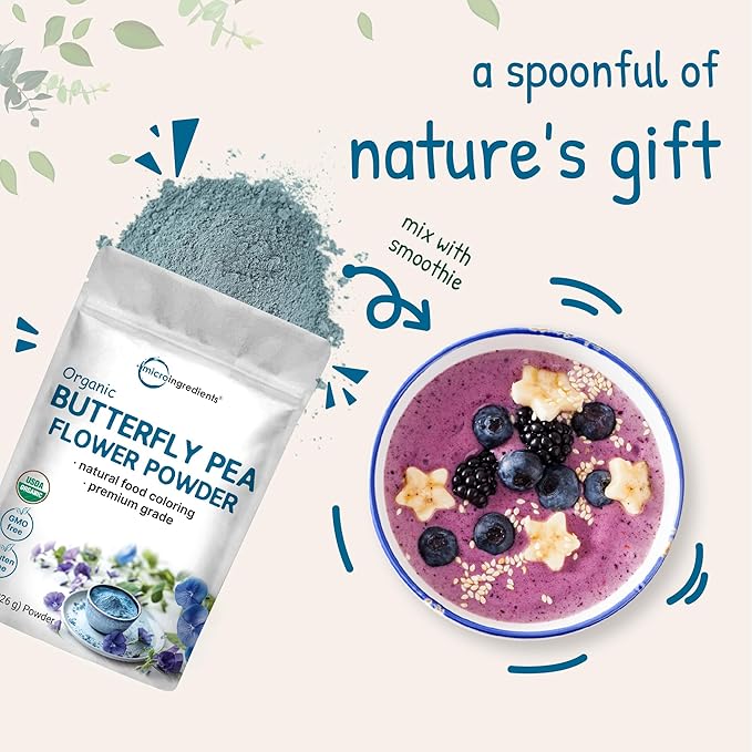 Micro Ingredients Organic Butterfly Pea Flower Powder 8 oz | Herbal Tea Powder for Hot or Iced Drinks | Natural Blue &amp Purple Color | Rich in Antioxidants | Caffeine-Free Non-GMO No Sugar