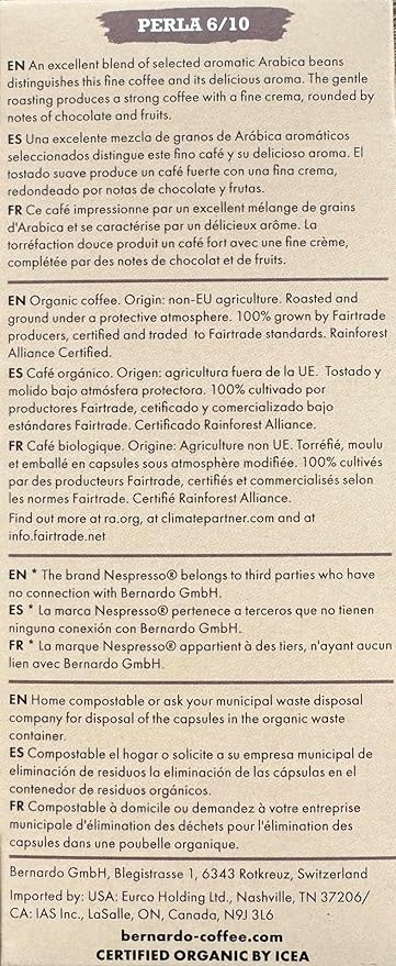 Bernardo PERLA Espresso Biodegradable Capsules Compatible with Nespresso Original Line Intensity 6/10 USDA Organic Home Compostable Capsules. 100 Count (10 Boxes of 10 Espresso Pods)