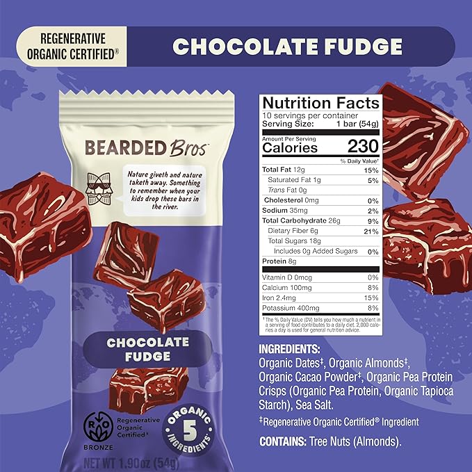 Bearded Brothers Organic Vegan Energy Bars - Gluten &amp Soy Free Paleo Whole 30 | Non GMO Low Glycemic High Protein Fiber (10 Pack Chocolate Fudge)