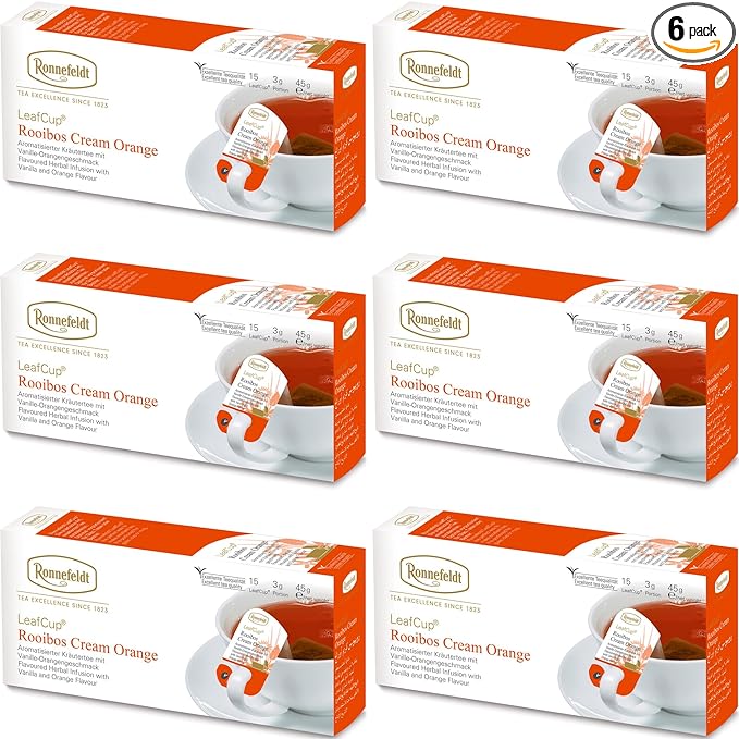 Ronnefeldt LeafCup Rooibos Cream Orange Chai – Naturally Caffeine-Free Red Herbal Tea with Orange Peel &amp Vanilla – Set of 6 Boxes – 90 Individually Wrapped Loose Leaf Tea Bags – Packed in Germany
