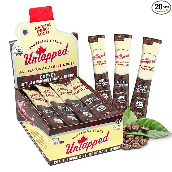 UnTapped Coffee Infused Vermont Maple Syrup Packets for Athletes Box of 20-1 fl oz | Pure Maple Syrup with Organic Coffee for Natural Endurance Energy | Fuel to Keep You Running Longer
