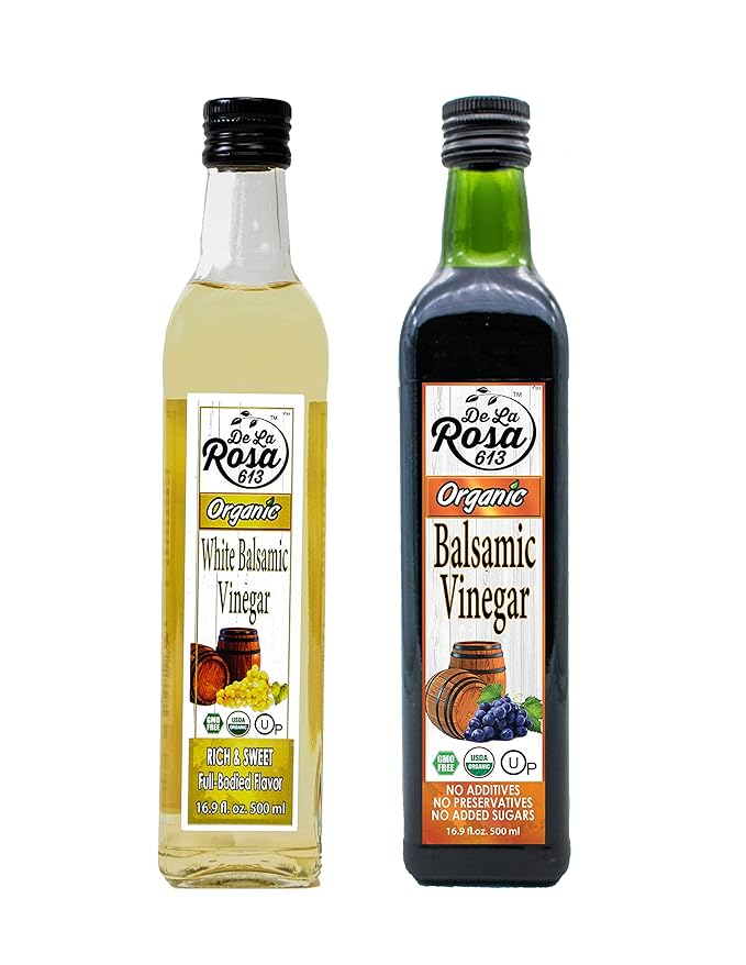 De La Rosa Organic Balsamic &amp White Balsamic Vinegar Kosher for Passover Vegan Non-GMO &amp Gluten Free Great for Salad Dressings Marinades &amp More 16.9 Oz (Pack of 2)