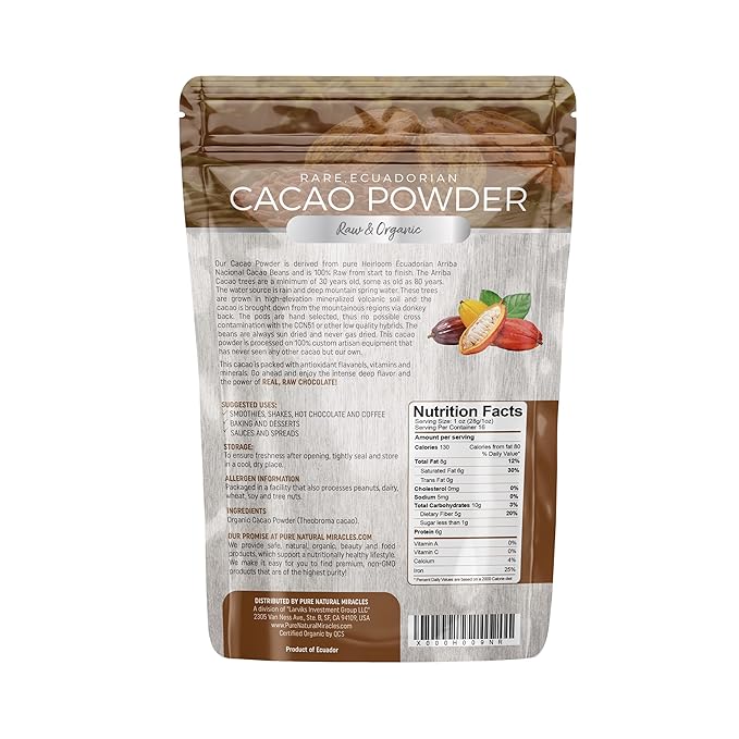 Pure Natural Miracles Cacao Powder Organic - Raw Unsweetened Non-Alkalized Cocoa - Ceremonial Grade Single-Origin from Ecuador - Perfect for Hot Chocolate Smoothies or Baking - 16 oz