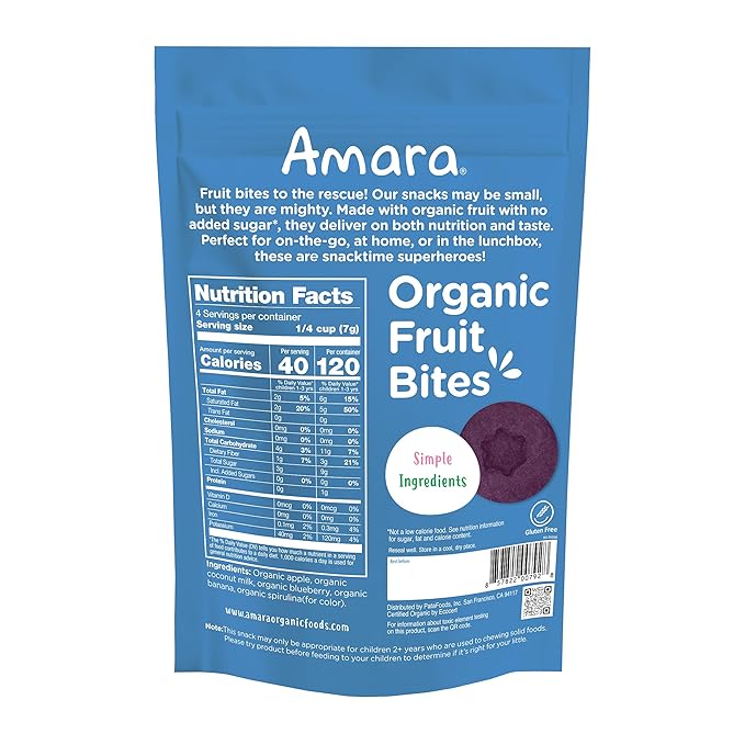 Amara Organic Fruit Bites Blueberry - No Artificial Colors/Dyes Added Sugar Dairy-Free Fruit Snacks Made with Organic Whole Foods Healthy Fruit Snacks for Kids - 6 Pack