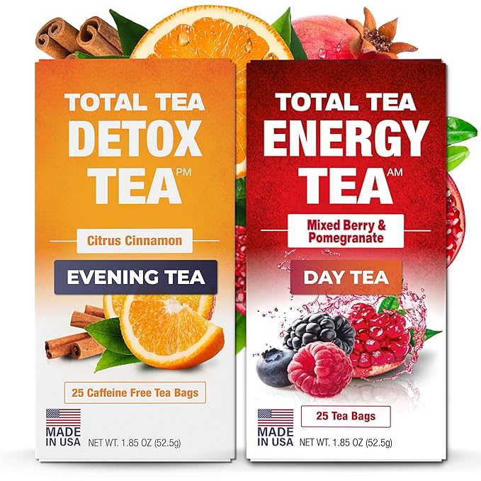 Total Tea Detox Tea &amp Energy Set - 25 Day Detox - Herbal SIim Tea with Chamomile - Hibiscus Tea and Ginger Root for Colon Cleanse – Natural Citrus &amp Cinnamon Fruit Tea for Digestive Health