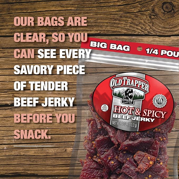 Old Trapper Beef Jerky Hot &amp Spicy 1/4-Pound Individual Package Savory and Spicy Meat Snacks for Lunches or Between Meals 11 Grams of Protein and 70 Calories per Serving (Pack of 8)